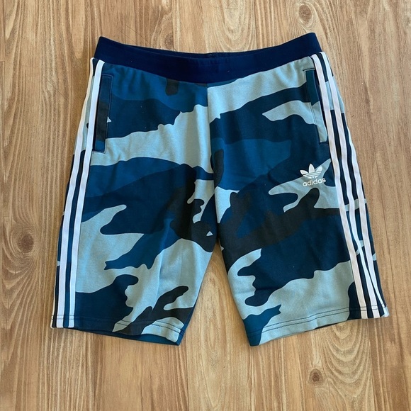 Adidas Three Stripe Blue Camouflage Sweatpant Shorts - Picture 2 of 6